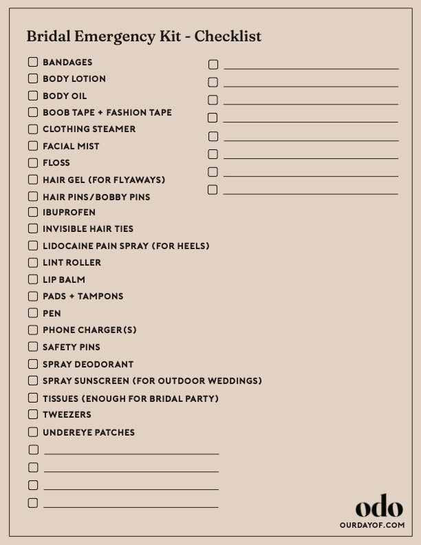 Bridal Emergency Kit - Checklist (Free Download)