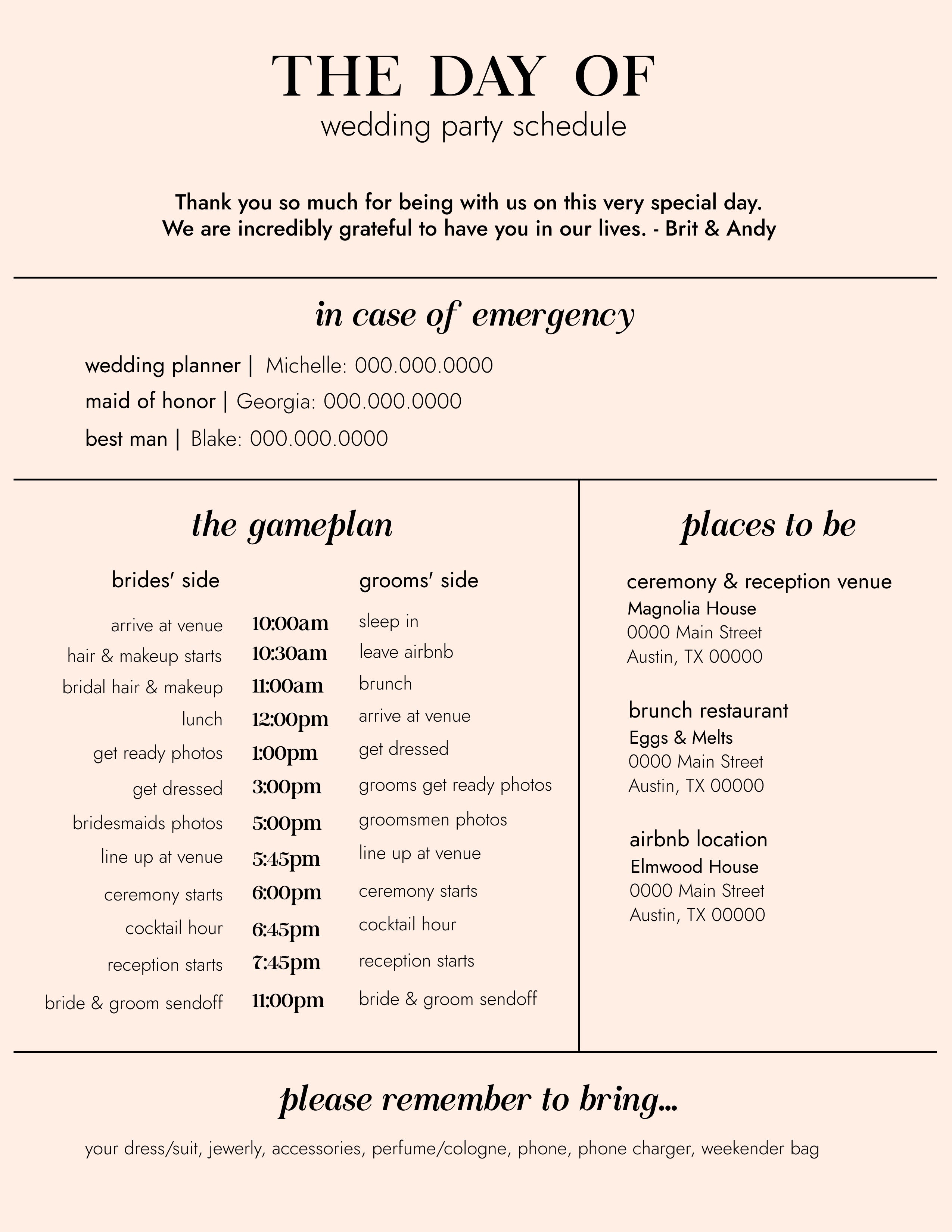 WEDDING PARTY SCHEDULE EDITABLE TEMPLATE Our Day Of