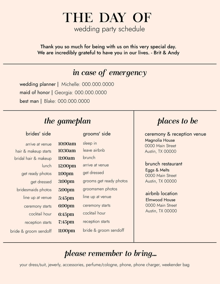 WEDDING PARTY SCHEDULE | EDITABLE TEMPLATE